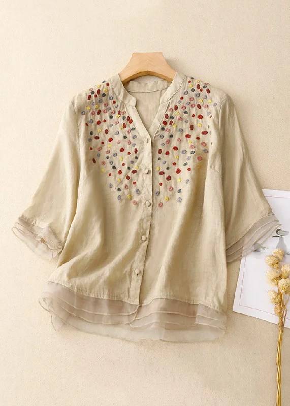 Khaki Tulle Patchwork Cotton Shirts V Neck Half Sleeve Scandinavian