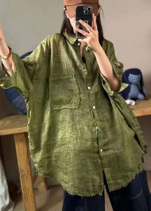Plus Size Women Green Peter Pan Collar Linen Shirt Tops Half Sleeve Traditional Women's 