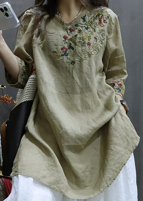 Retro Khaki V Neck Embroideried Linen Shirt Tops Half Sleeve Refined Women's 