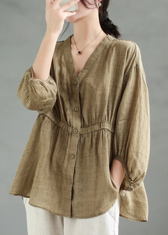 Loose Coffee Solid Button Linen Shirt Bracelet Sleeve Artistic Women's Hand - painted