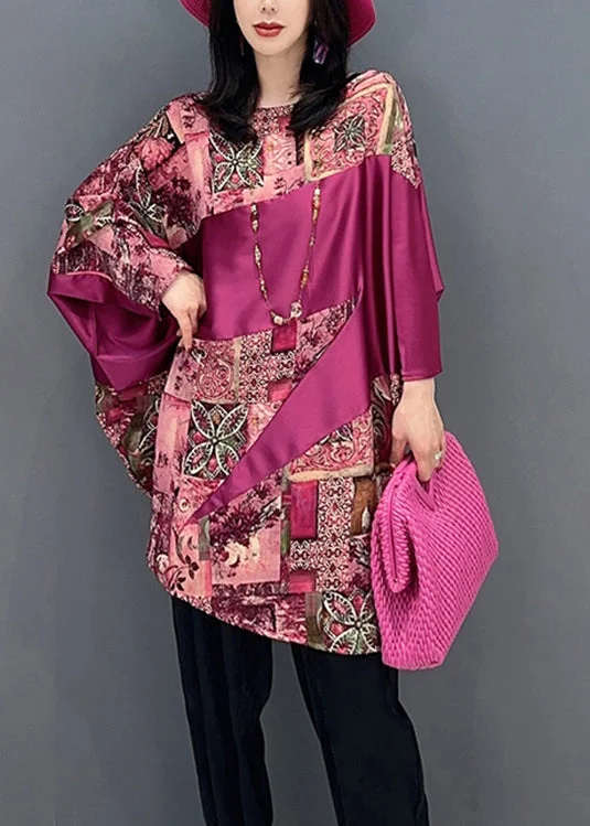 Women Red O-Neck Print Patchwork Top Batwing Sleeve Monochromatic All - in - one
