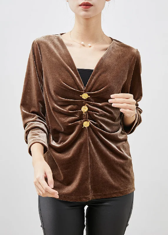 Coffee Silm Fit Silk Velour Shirt Top V Neck Wrinkled Spring Luxurious Women's High -  end