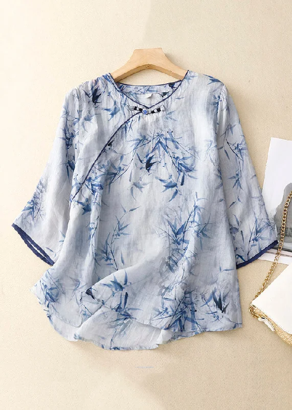 Loose Light Blue O Neck Button Print Cotton Shirt Spring Traditional Women's Wool