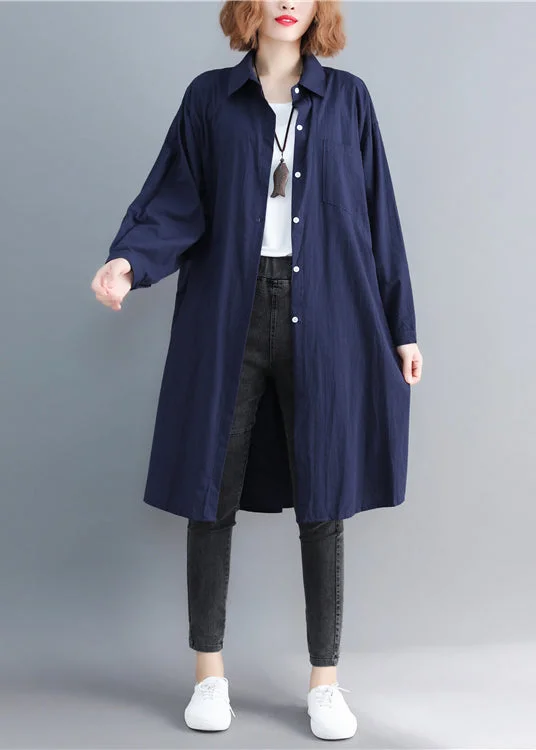 Navy Pockets Cotton Blouses Peter Pan Collar Wrinkled Spring Modern Women's 