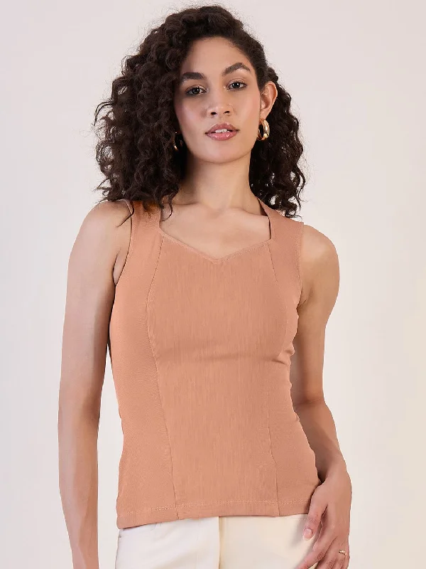 Camel Brown Sweetheart Neck Top Casual Women's Japanese 