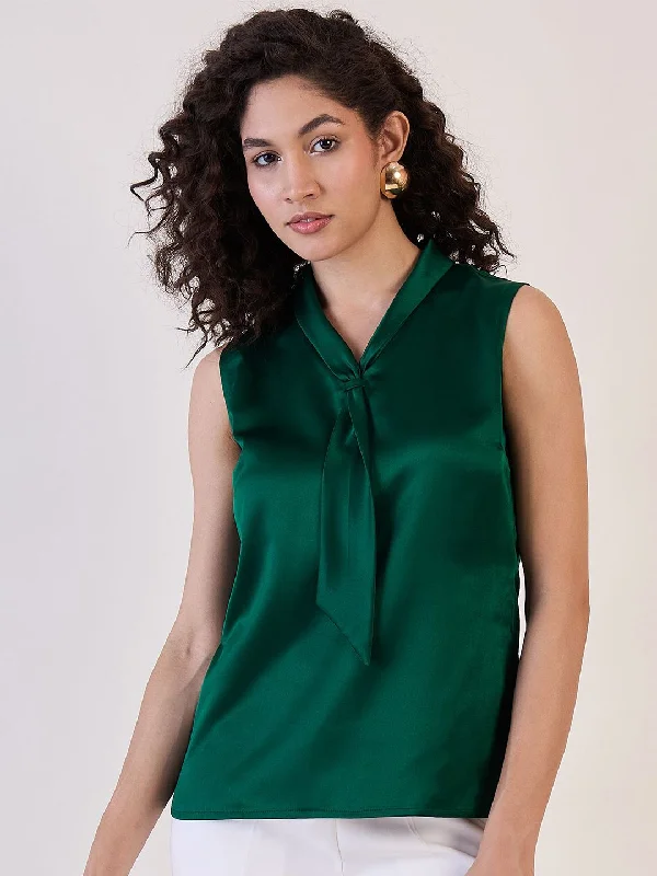 Green Satin Tie Collar Neck Top garde