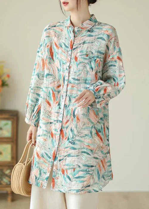 Beautiful Peter Pan Collar Print Button Cotton Blouses Long Sleeve Bohemian Women's Free