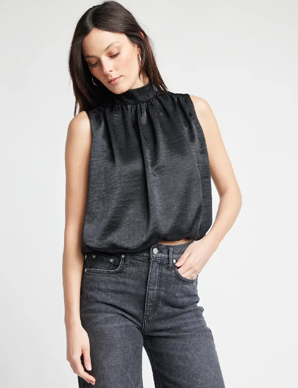 Cora Sleeveless Blouse, Black Satin Unique Women's Upcycled