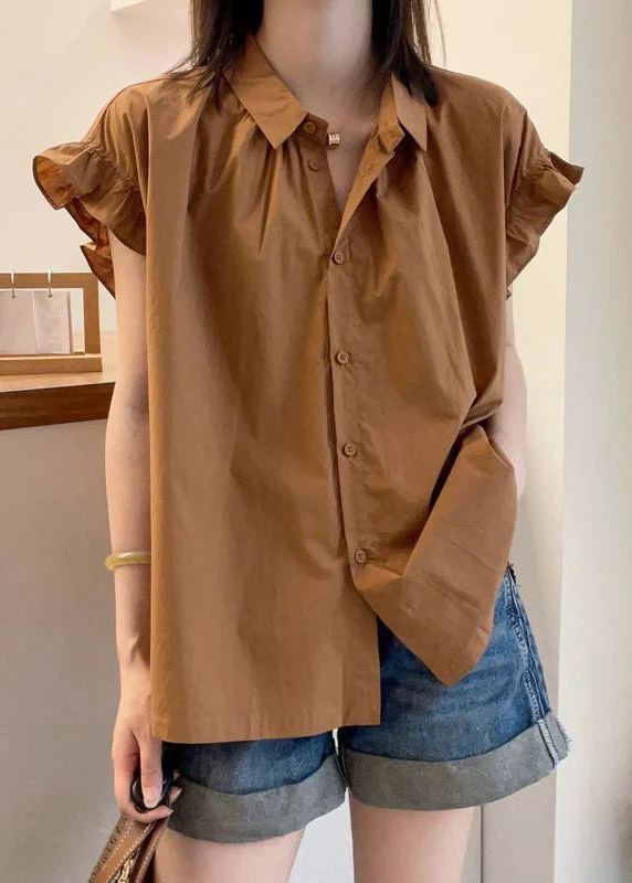 Women Coffee Ruffled Button Patchwork Cotton Top Summer Artistic Women's Avant - 