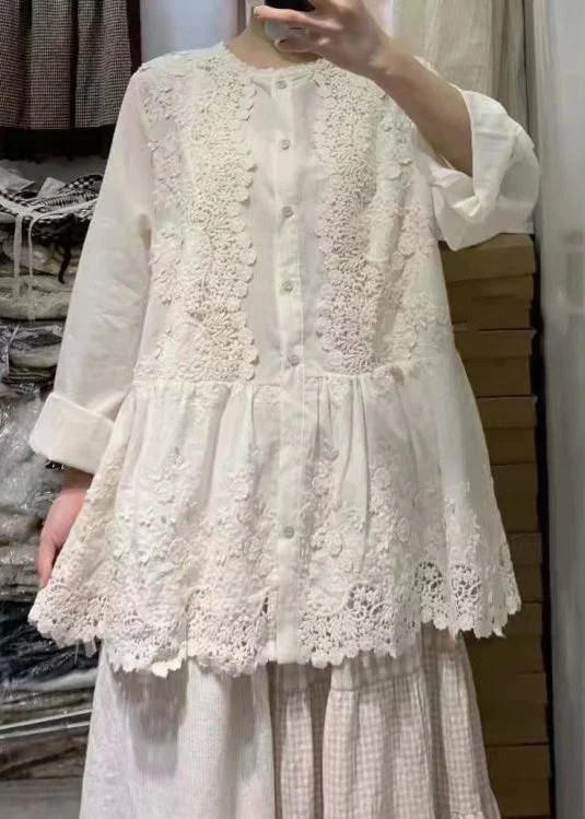French Beige Button Lace Patchwork Cotton Shirt Long Sleeve Feminine Women's Style 