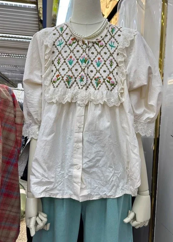 Loose Apricot Embroidered Button Patchwork Cotton Shirts Summer Sharp Women's Italian
