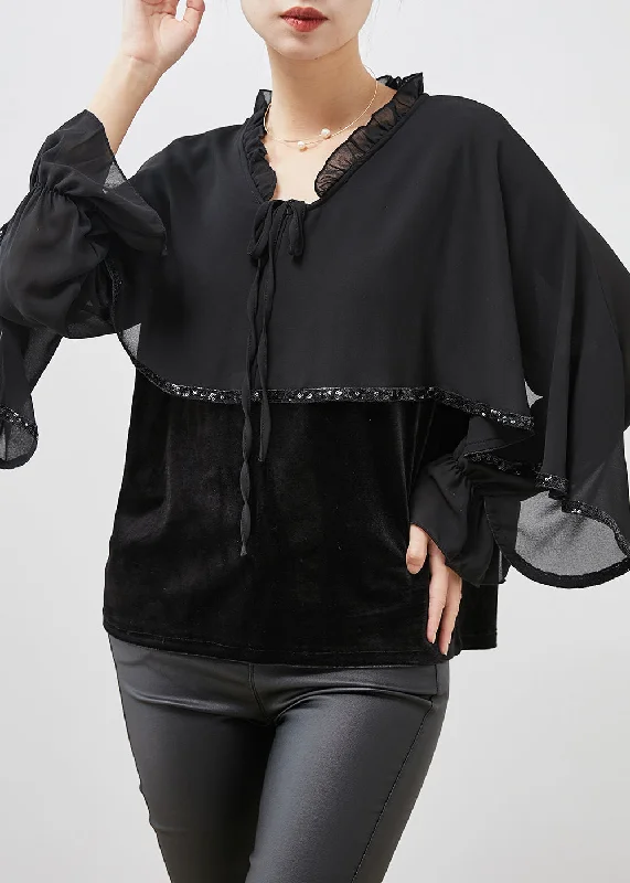Black Patchwork Velour Chiffon Shirt Ruffled Lace Up Spring Dynamic Women's Moto