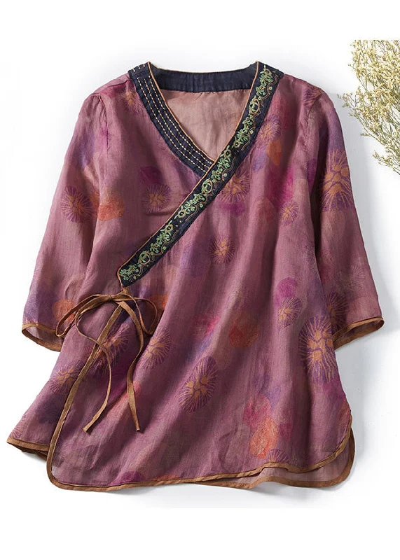 Fashion Purple Print Side Open Cotton Top Bracelet Sleeve Tough Women's Military - inspired