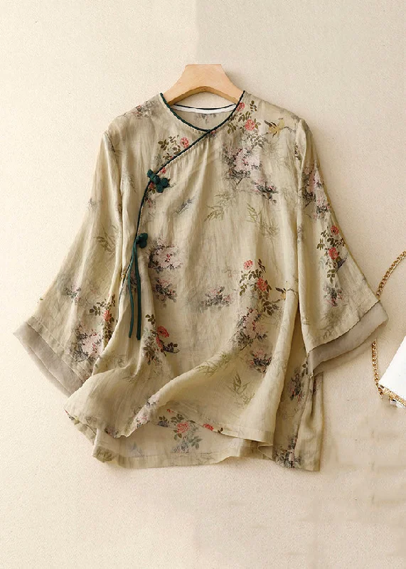 New Khaki Button Print Patchwork Cotton Blouses Spring Modern Women's Tech