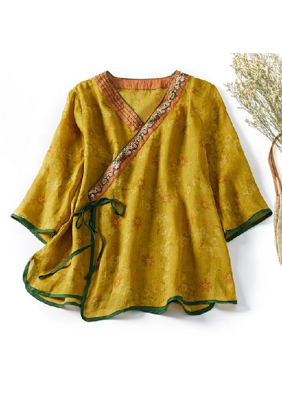 Classy Yellow Embroidered Lace Up Cotton Blouses Spring Dynamic Women's High - energy