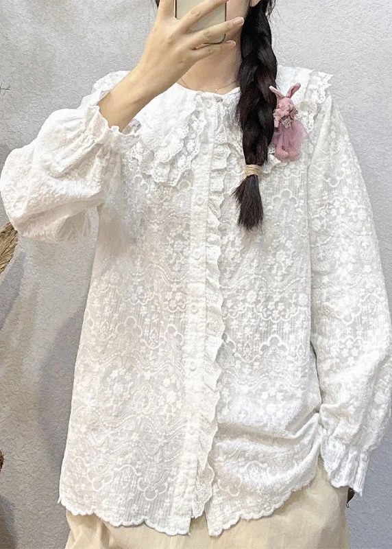 Simple White Ruffled Button Lace Shirt Long Sleeve Sleek Women's Metallic
