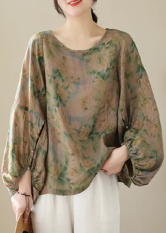 Green Button Loose Cotton T Shirt O Neck Lantern Sleeve Laid - back Women's Vibe