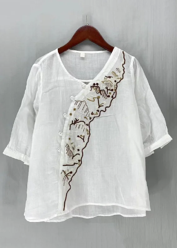 New White Embroideried Button Side Open Linen Shirt Half Sleeve Athletic Women's High - 