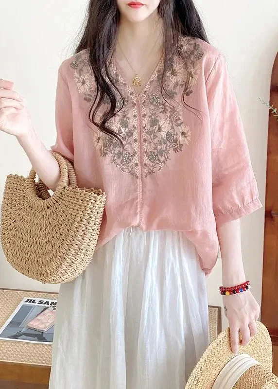 Loose Pink V Neck Embroideried Linen Shirts Half Sleeve Sophisticated Women's Tailored