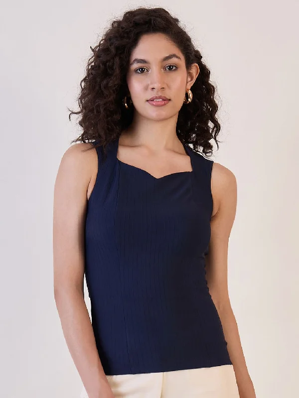 Navy Blue Sweetheart Neck Top Trendy Women's 