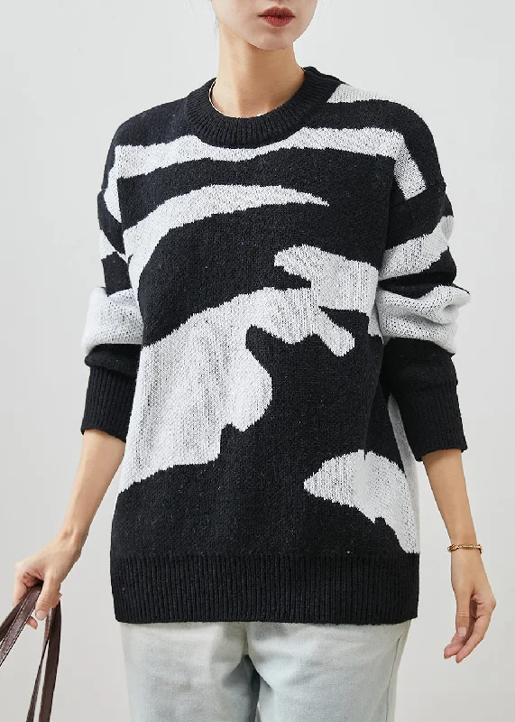 Chic Black Oversized Print Thick Knitted Tops Winter Sporty Women's Athleisure 