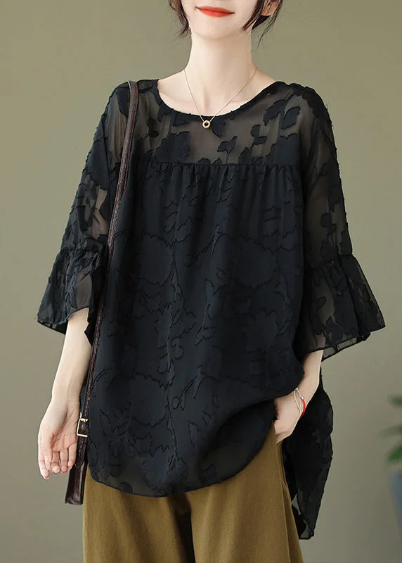 Black Low High Design Loose Tulle Shirt O Neck Summer Bohemian Women's Free
