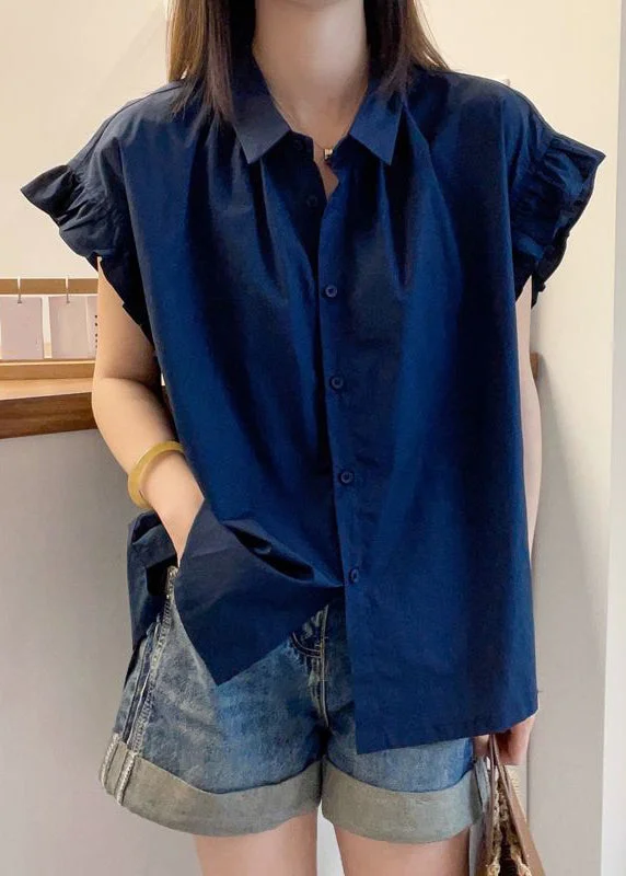 New Navy Peter Pan Collar Ruffled Cotton T Shirt Summer Dynamic Women's Moto