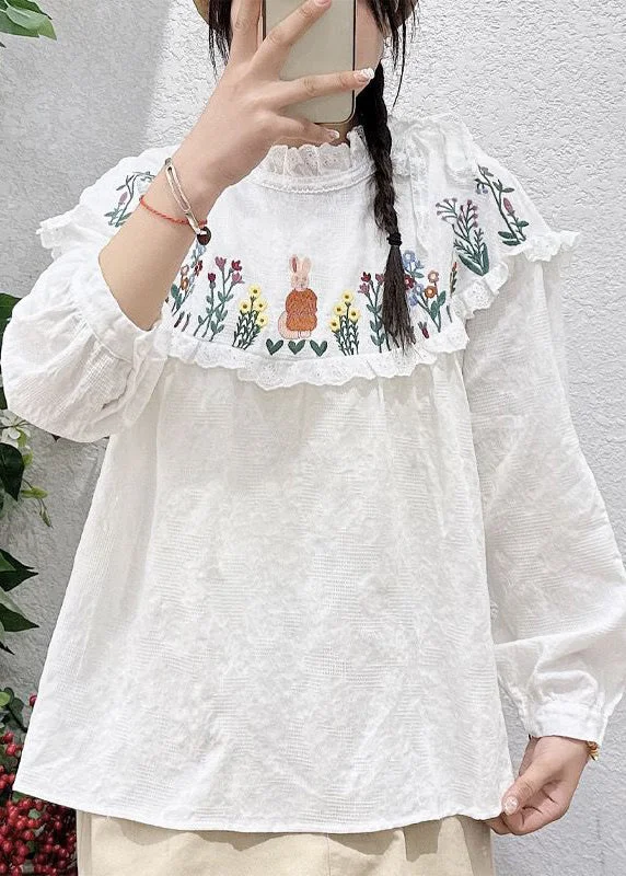 Simple White Embroideried Lace Patchwork Cotton Top Long Sleeve Refined Women's Hand - crafted