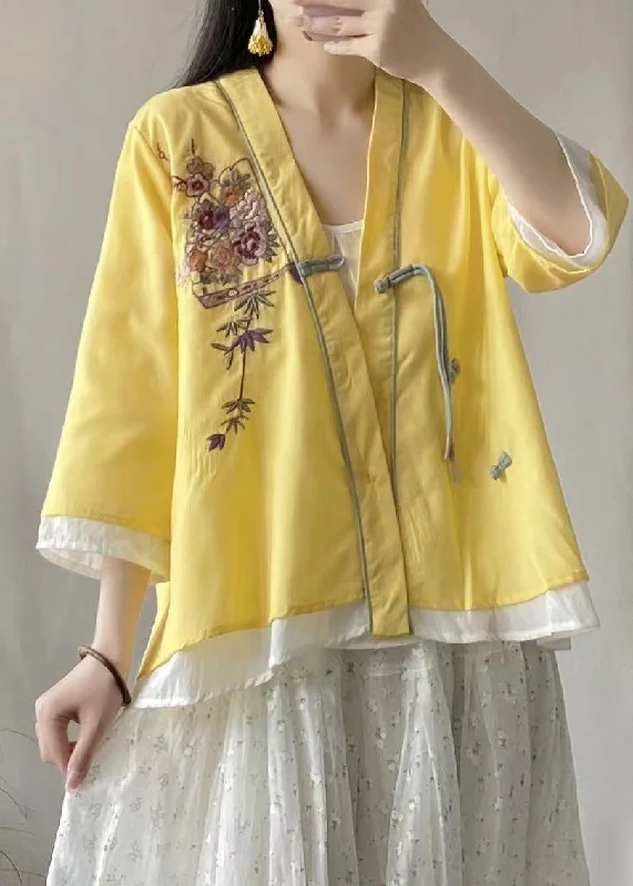 Retro Yellow V Neck Embroideried Short Linen Cardigans Spring Cozy Women's Winter