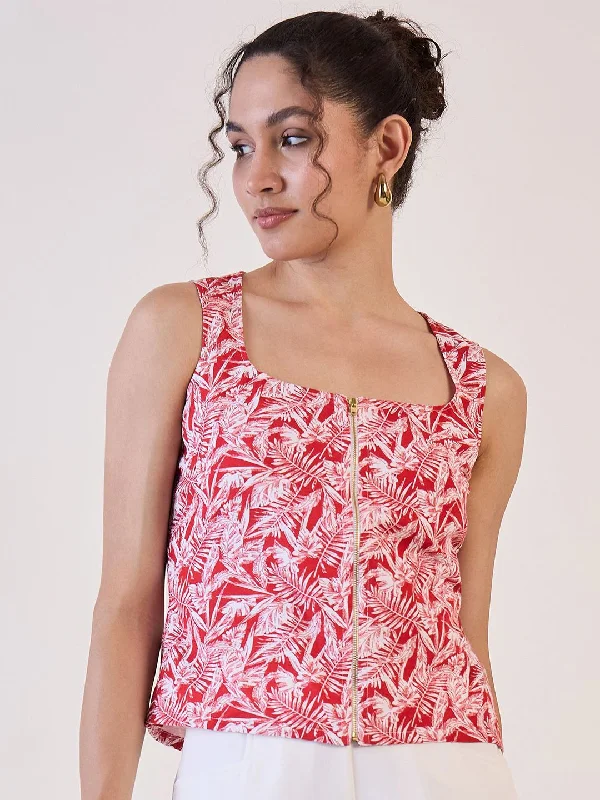 Red Leaf Print Front Zipper top British Gentlewoman Style