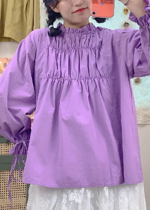 French Purple Solid Ruffled Lace Up Cotton Top Spring Vacation