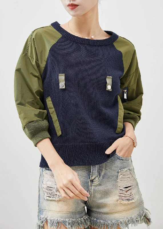 French Navy Zip Up Patchwork Knit Sweatshirts Top Spring Edgy Women's Punk