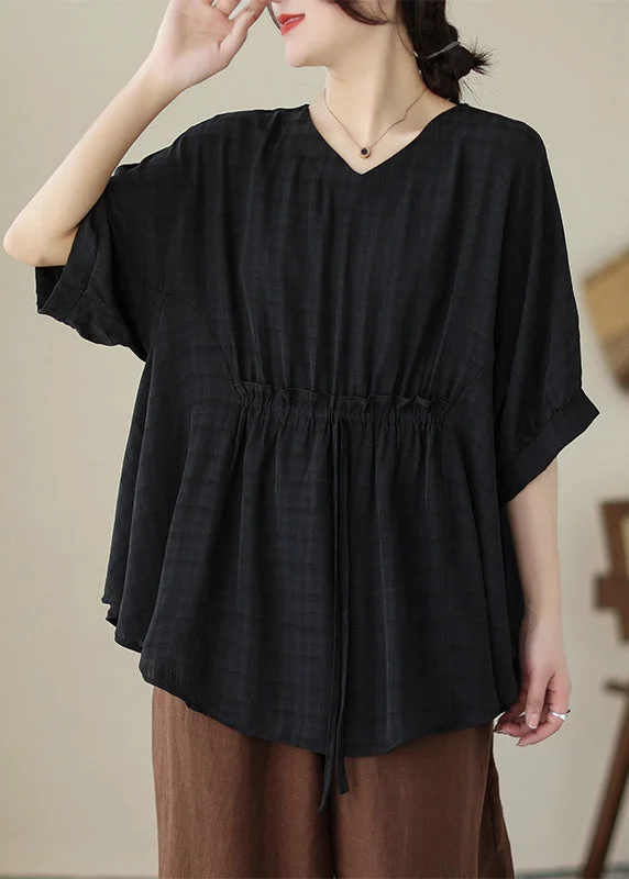 Black Lace Up Cotton Tops V Neck Half Sleeve Hip Women's Retro