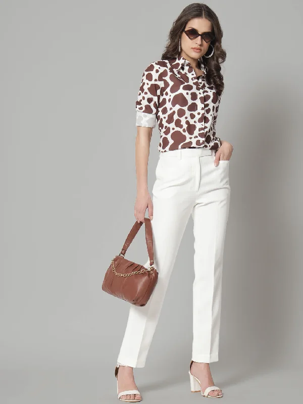 Printed Collared Shirt- Brown Dapper Women's Bow - adorned