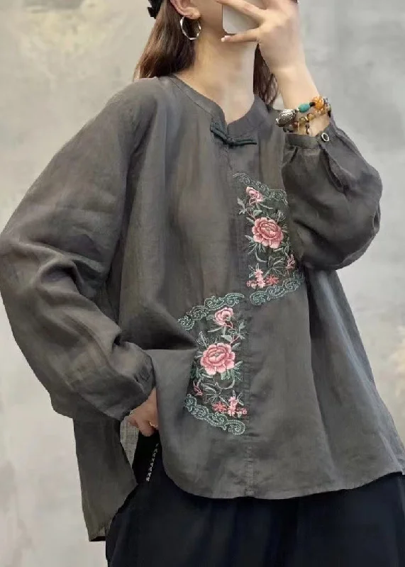 Retro Grey O-Neck Embroideried Linen Shirt Top Lantern Sleeve Luxurious Women's High -  end