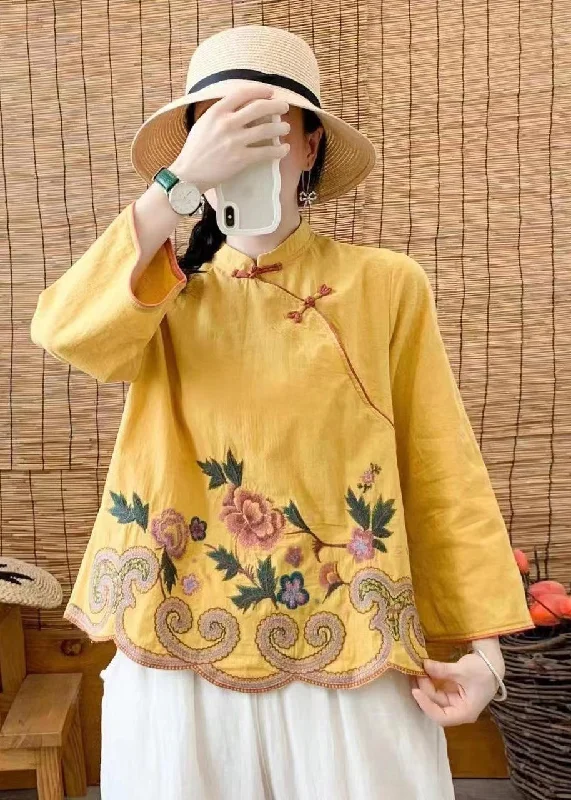 Retro Yellow Stand Collar Embroideried Cotton Shirts Spring Classic Women's Tweed