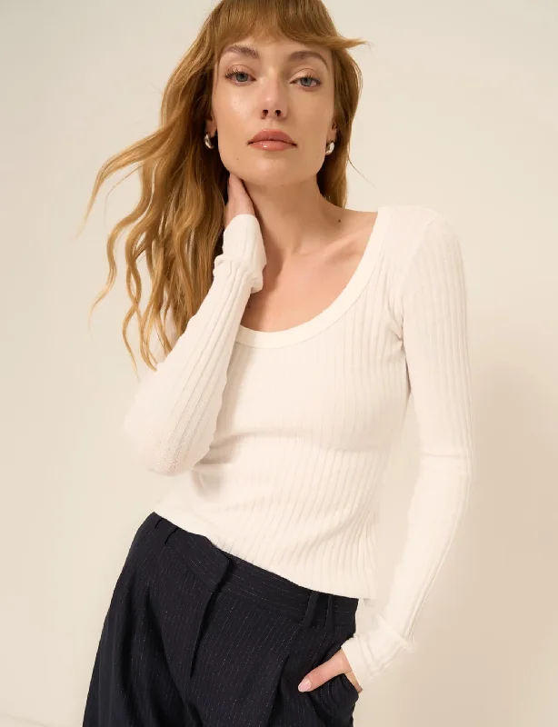 What's The Scoop Washed Rib Long Sleeve, White garde