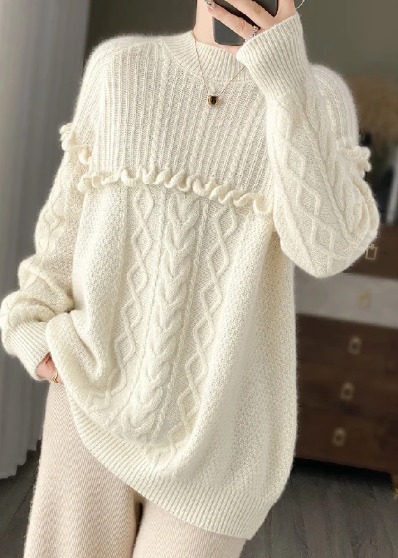 White Ruffled Patchwork Cozy Woolen Knit Pullover O Neck Spring Sleek Women's Metallic