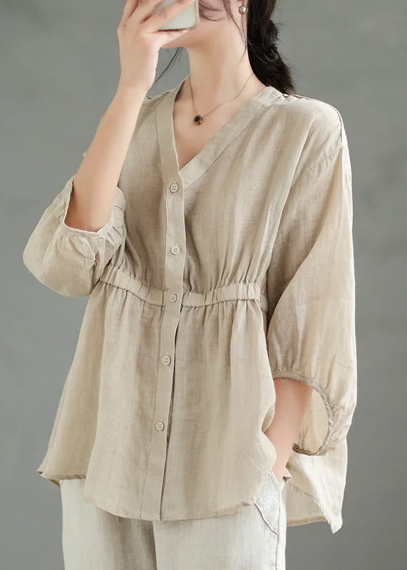 Beige Wrinkled Patchwork Linen Blouses V Neck Spring Bold Women's Animal Print