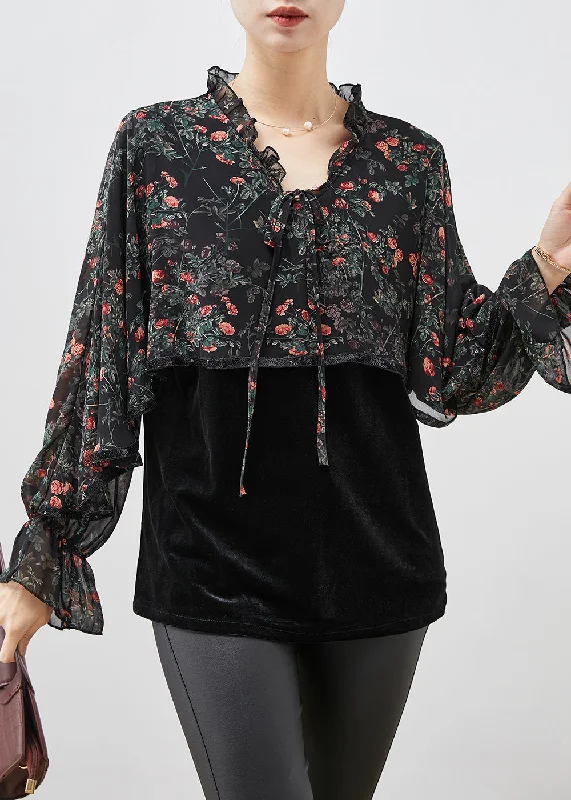 Boho Black Print Ruffled Patchwork Velour Chiffon Shirt Spring Contemporary 