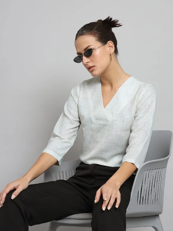 V-Neck Stripes Poly Linen Top- Beige Elegant Women's 
