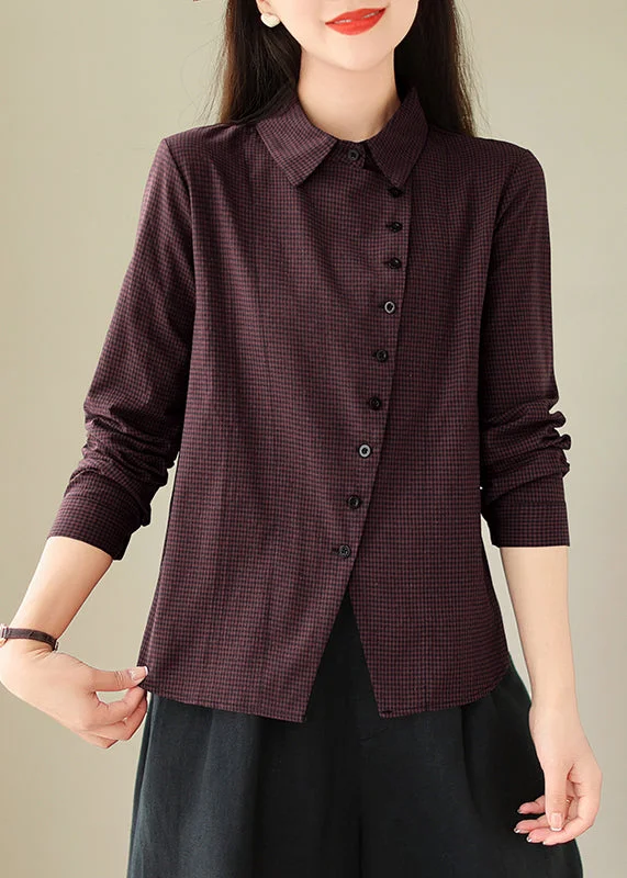 Casual Dull Red Peter Pan Collar Plaid Button Cotton Shirt Spring European