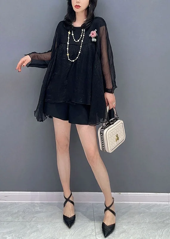 Bohemian Black O Neck Wrinkled Patchwork Tulle Top Spring Relaxed Women's 