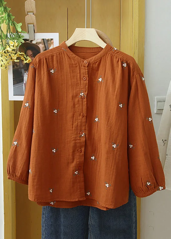 Beautiful Orange Embroidered Button Cotton Blouse Long Sleeve Earthy Women's Hemp - based