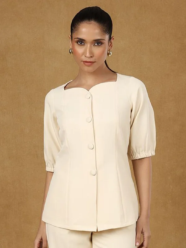 Ivory Solid Sweetheart Neck Top Hip Women's Retro