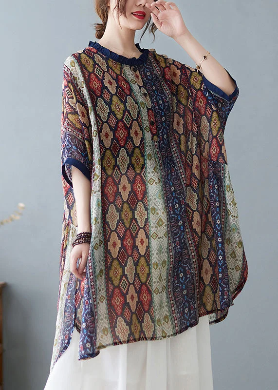 Plus Size Colorblock Ruffled Print Cotton Tops Summer Business