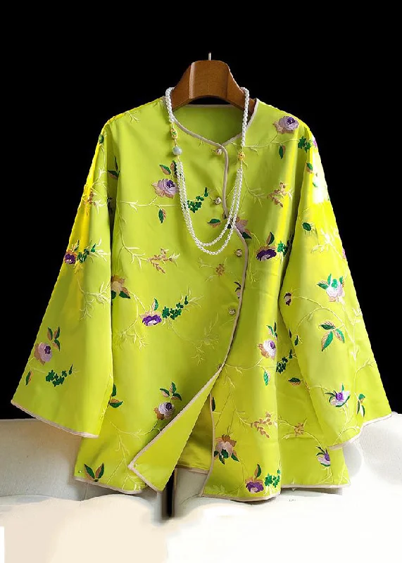 New Yellow Embroideried Button Silk Top Long Sleeve Vintage Women's 1970S 