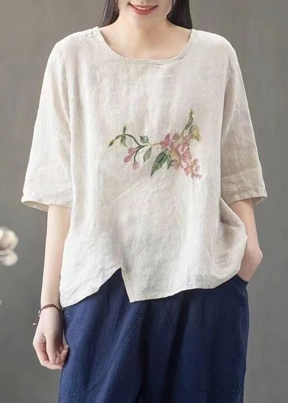 Loose Linen O Neck Print Linen T Shirt Half Sleeve Refined Women's Hand - crafted