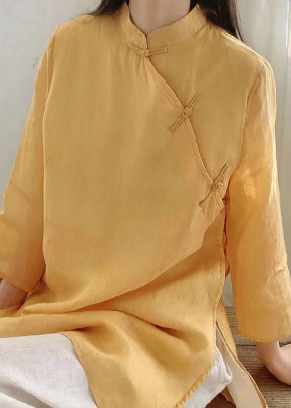 Vintage Yellow Stand Collar Button Cotton Shirt Tops Spring Stylish Women's Neon