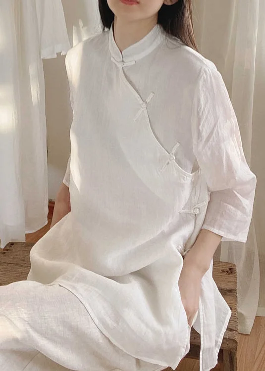White Chinese Button Cotton Shirt Tops Side Open Spring Sporty Women's Tennis